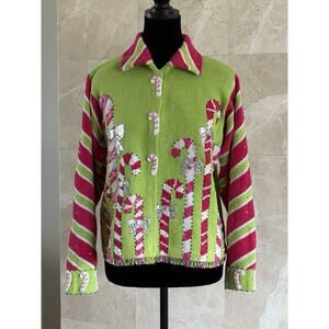 Design Options Philip Jane Gordon Cardigan - S Green Pink Candy Cane Beaded WOW!